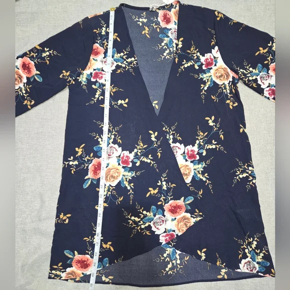 Navy Blue Kimono Duster Coverup with Floral Print Size Medium - Picture 8 of 10
